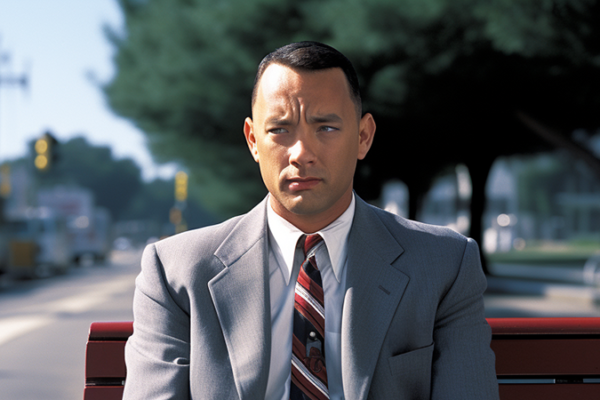 Forrest Gump wearing a suit at a bus stop