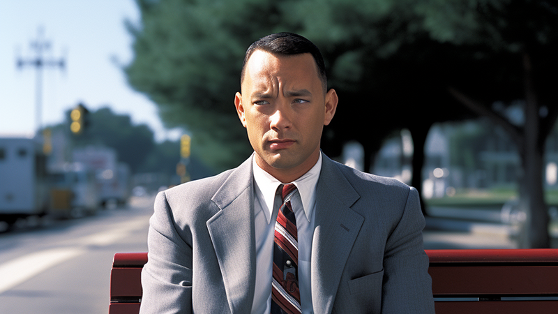 Forrest Gump wearing a suit at a bus stop