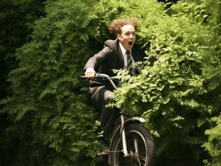 Man backpedals into three weeks ago, with bicycle being eaten by shrub thence swallowing the man