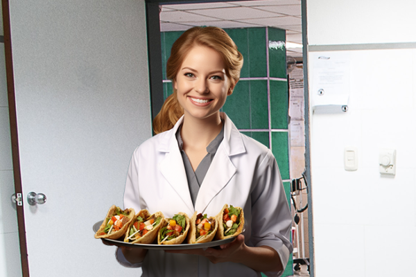 Doctor in a hospital carrying a tray of tacos