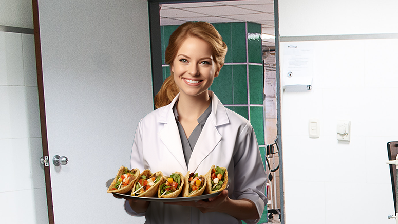 Doctor in a hospital carrying a tray of tacos