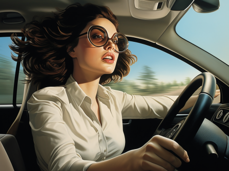 Woman with sunglasses driving in the fast lane