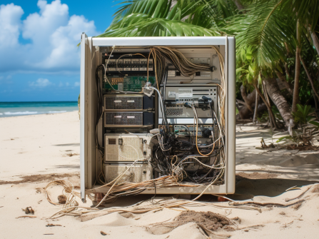 Web server found on the beach of a tropical island