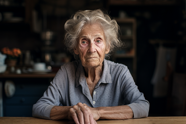 Elderly woman stares blankly as time passes in the kitchen