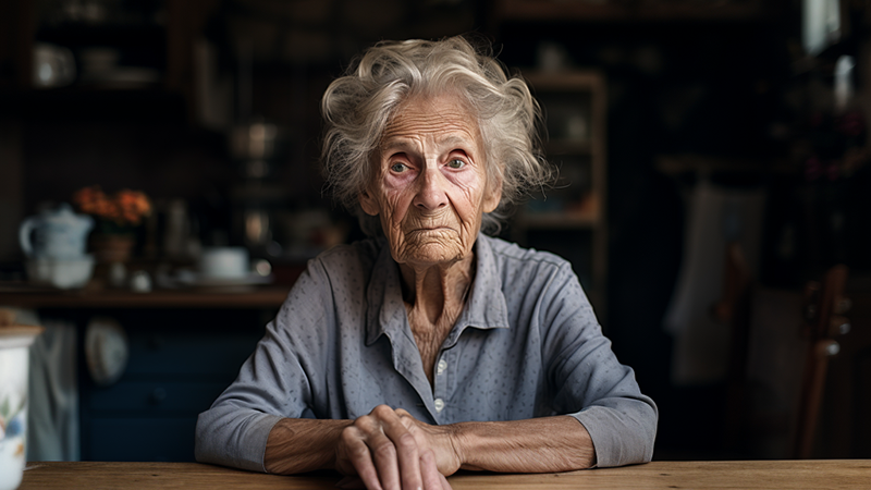 Elderly woman stares blankly as time passes in the kitchen