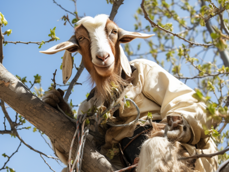 Goat in overalls trimming the trees with a smile