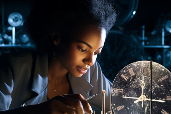 Woman using time telling device made with crystals