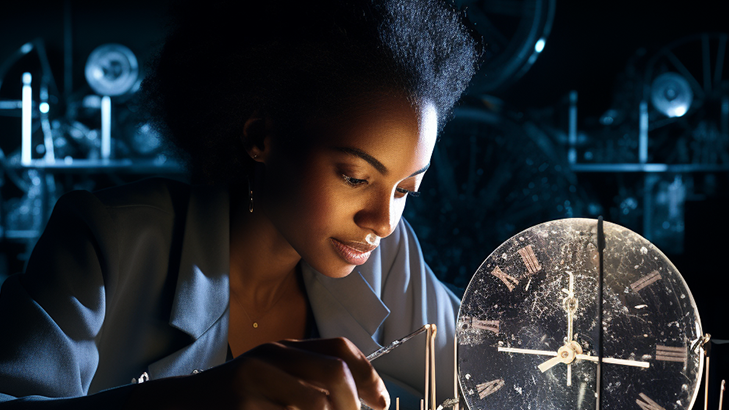 Woman using time telling device made with crystals