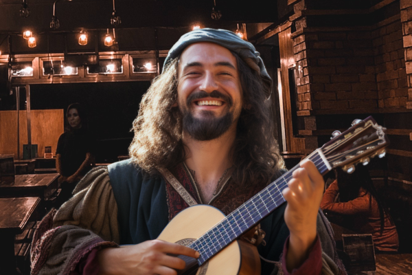 Bard in local tavern with guitar, ready to serenade with top 10 lists
