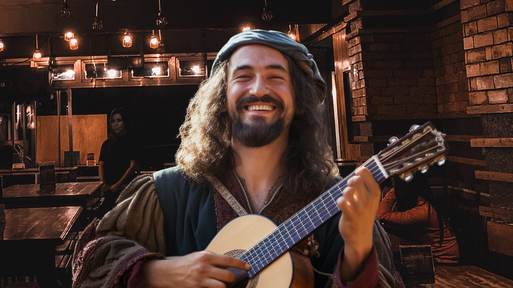 Bard in local tavern with guitar, ready to serenade with top 10 lists