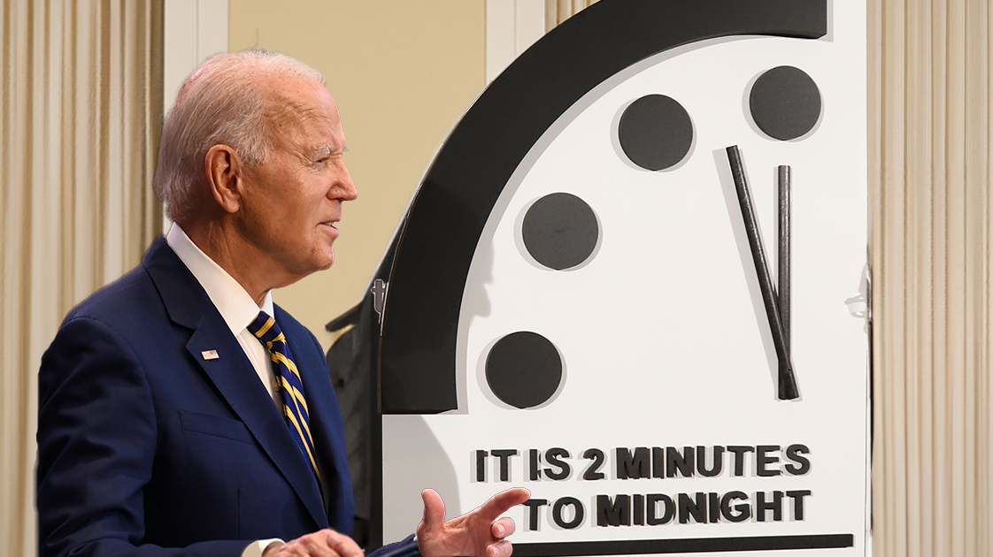 Joe Biden pictured in front of the doomsday clock