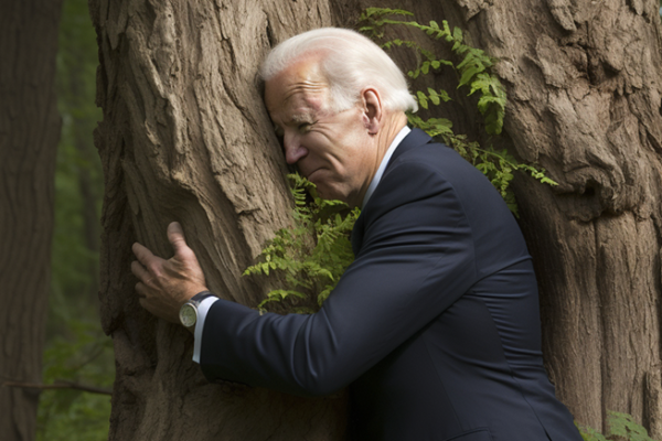 Joe Biden hugging a tree to help stop climate change