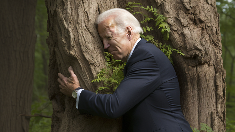 Joe Biden hugging a tree to help stop climate change