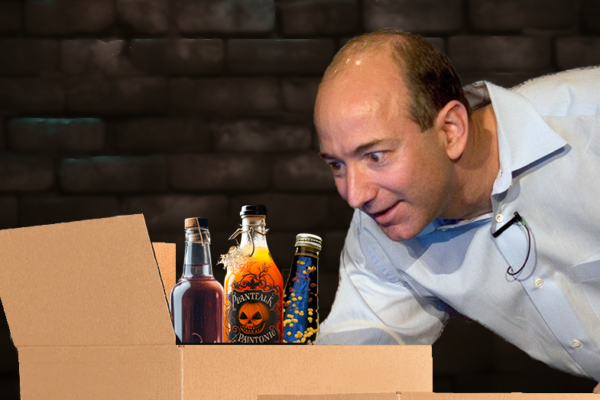 Jeff Bezos showing off the inside of the Bevos subscription box