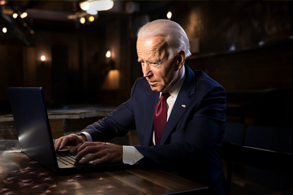 Joe Biden seated at a computer typing