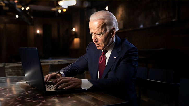 Joe Biden seated at a computer typing