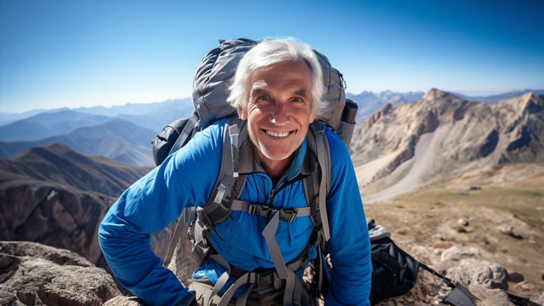 Hiker smiling at top of mountain