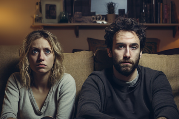 Couple sitting on the couch watching TV