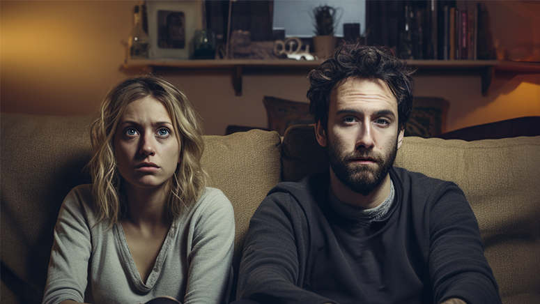 Couple sitting on the couch watching TV