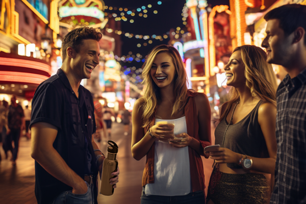 Friends in Vegas, with one friend carrying metal water bottle