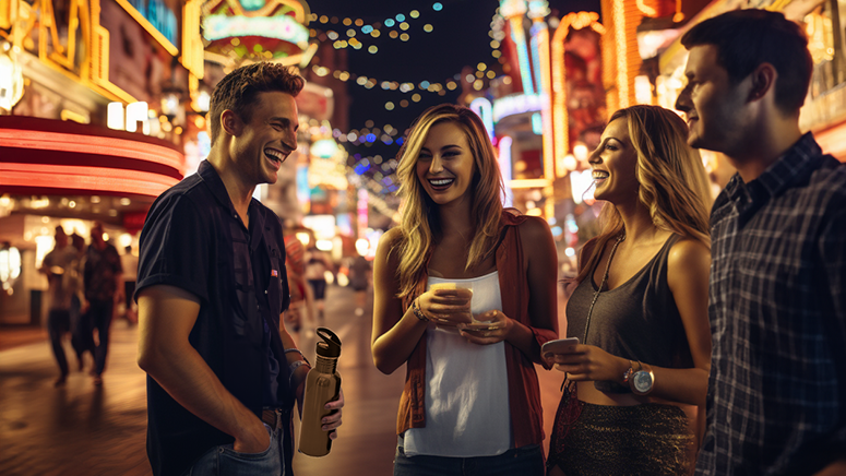 Friends in Vegas, with one friend carrying metal water bottle