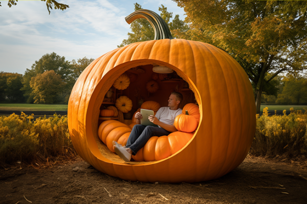 Man living inside a pumpkin house