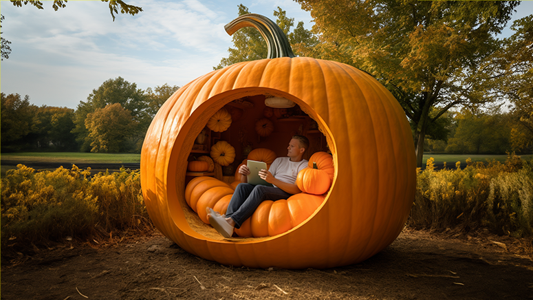 Man living inside a pumpkin house