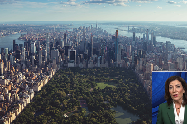 View of Central Park in Manhattan and Governor Kathy Hochul