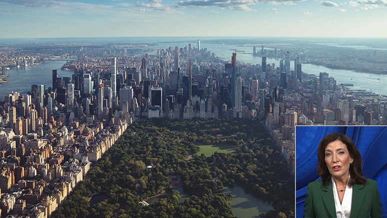 View of Central Park in Manhattan and Governor Kathy Hochul