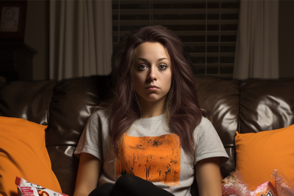 Woman sitting on couch surrounded by candy wrappers