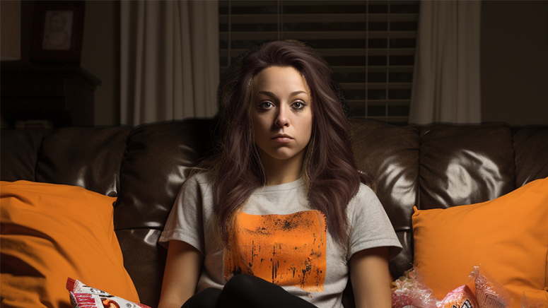 Woman sitting on couch surrounded by candy wrappers