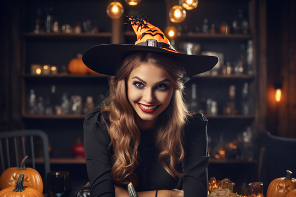 Woman in party planning committee wearing a witch hat