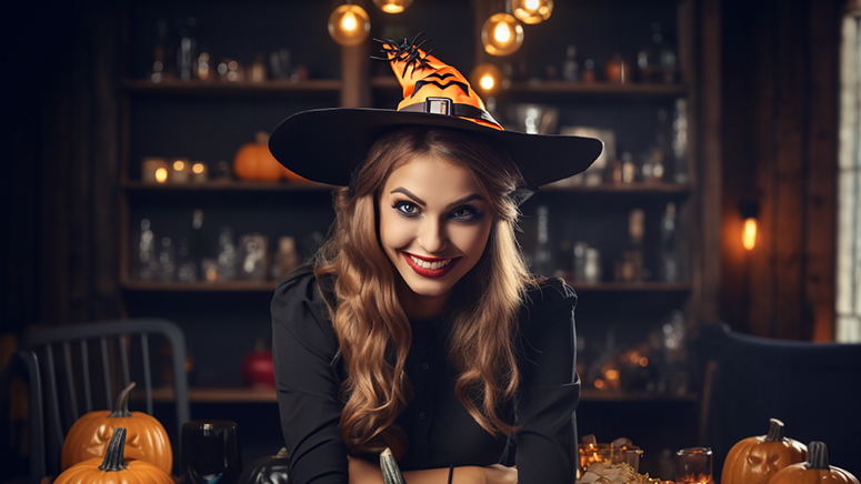 Woman in party planning committee wearing a witch hat