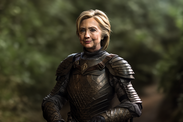 Hillary Clinton dressed in armor to battle meme lords