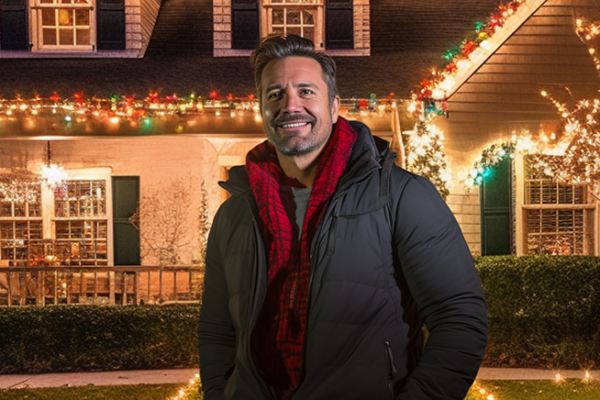 Guy standing outside of house with Christmas lights