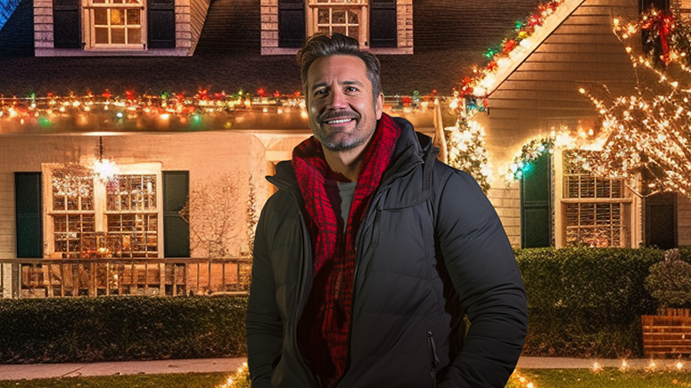 Guy standing outside of house with Christmas lights