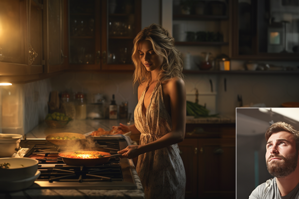 Woman cooking a meal and man in corner of image