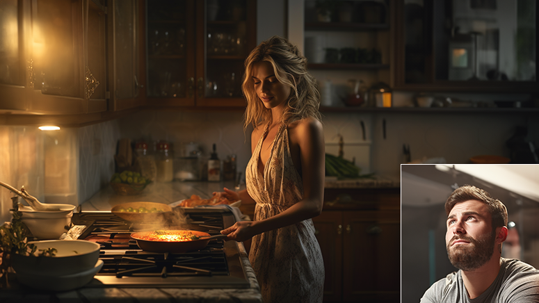 Woman cooking a meal and man in corner of image