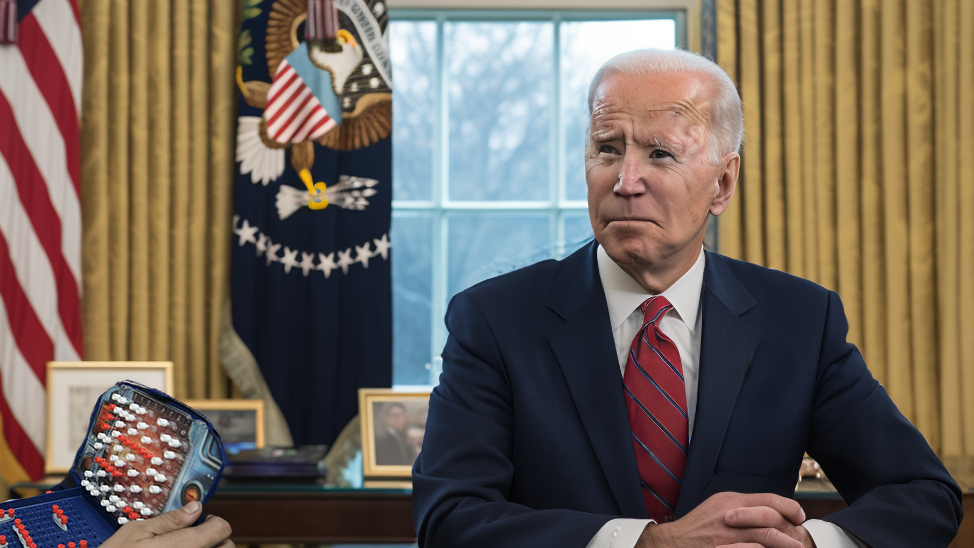 Joe Biden at the Oval Office with a battleship boardgame